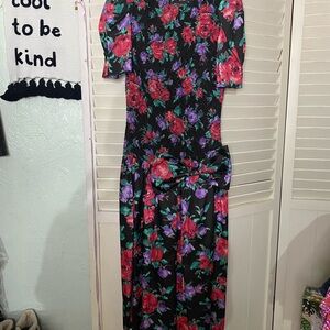 Vintage 80s Floral Black and Red Women's Dress with Bow